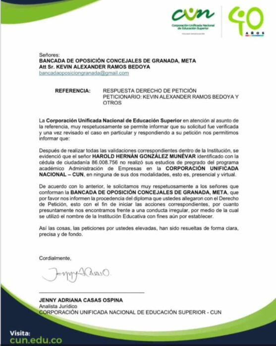 Certificado de la CUN que confirma que Harold Hernán González Munevar no se graduo en ese Universidad