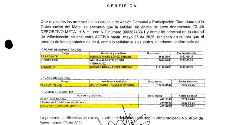 Certificado expedido por el Club Deportivo Meta H&H