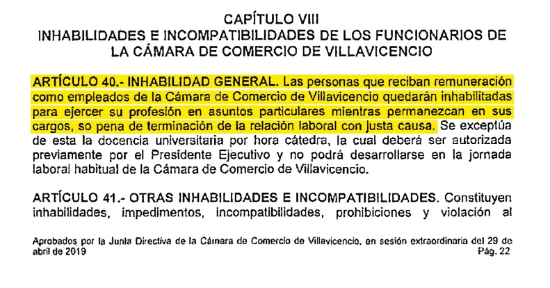 Inhabilidades de los funcionarios de la Cámara de Comercio de Villavicencio