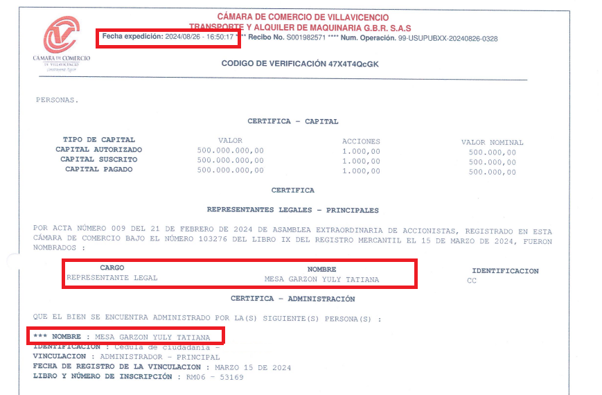 Certificado de Existencia y Representaciòn Legal aportado al contrato SA SIP 001-2024