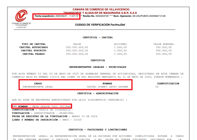 Certificado de Existencia y Representaciòn Legal aportado al proceso SA SIP 003-2025