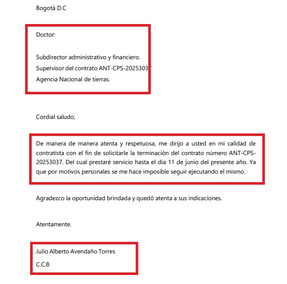 Imagen de la carta de terminación de contrato ANT-CPS-20253037 enviada por Julio Alberto Avendaño Torres