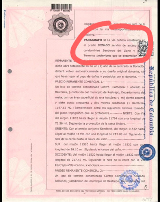 Hoja de la escritura pública del lote CV21 en Restrepo.