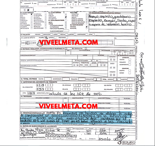 Hoja número 02 del informe de tránsito del accidente del jugador de Llaneros FC, Marlon Sierra cuando conducía un Mazda 2 en Villavicencio. 