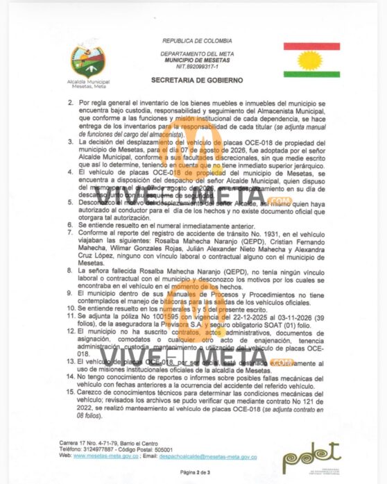 Imagen hoja 2 de respuesta de la Secretaría de Gobierno al Concejo Municipal de Mesetas.